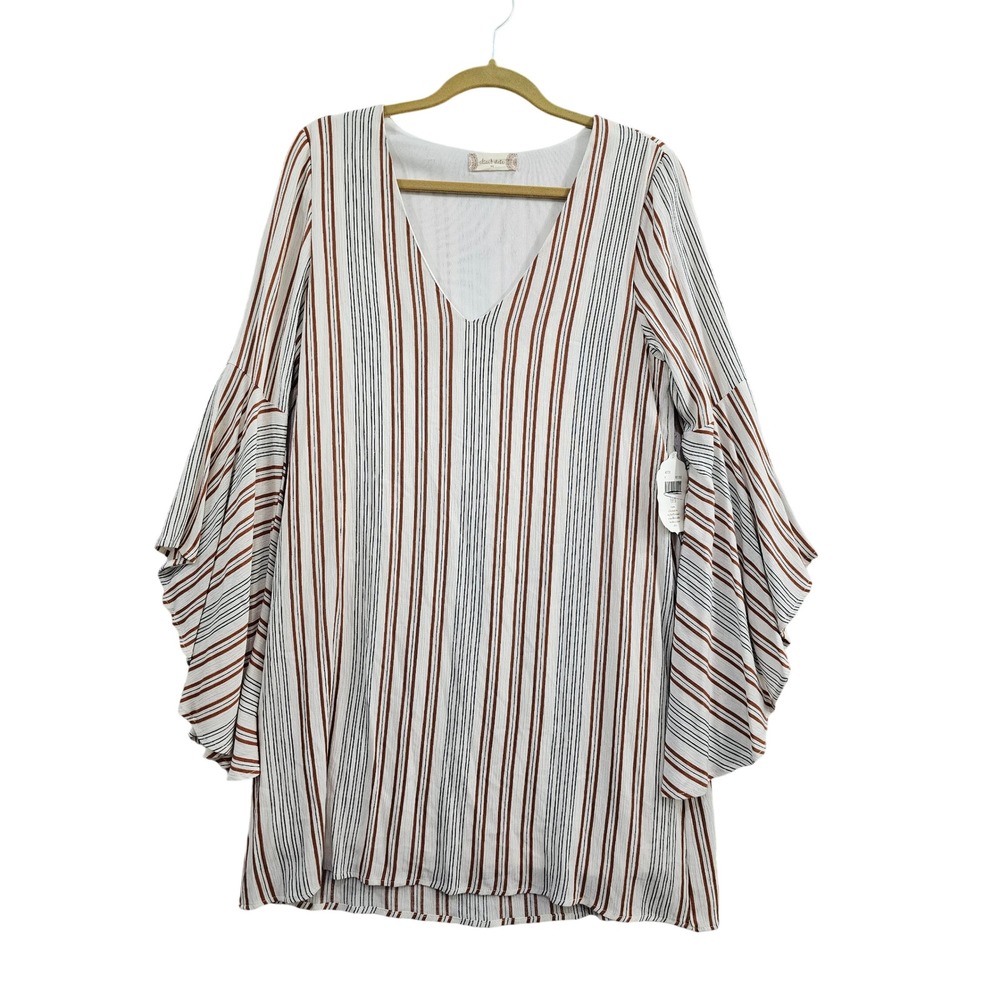 Altar'd State Striped Bell Sleeve Tunic Dress Women Medium Rust Blue Boho V-Neck